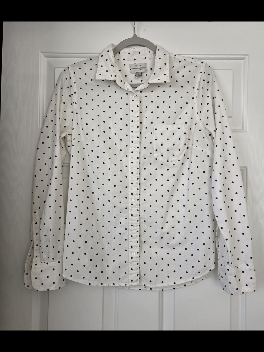 J. Crew White Button-Front Shirt with Navy Polka Dots